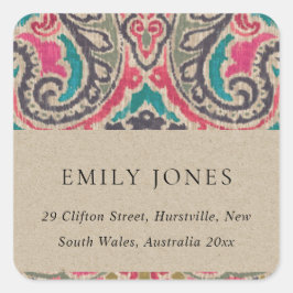 RUSTIC KRAFT BOHO TRIBAL IKAT PINK BLAUWGROEN ADRE VIERKANTE STICKER