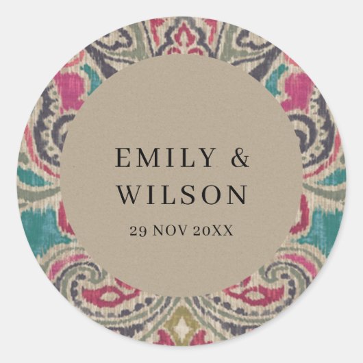 RUSTIC KRAFT BOHO TRIBAL IKAT PINK BLAUWGROEN WEDI RONDE STICKER (Voorkant)