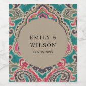 RUSTIC KRAFT BOHO TRIBAL IKAT PINK BLAUWGROEN WEDI WIJN ETIKET (Enkel label)