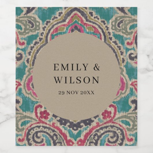 RUSTIC KRAFT BOHO TRIBAL IKAT PINK BLAUWGROEN WEDI WIJN ETIKET (Enkel label)