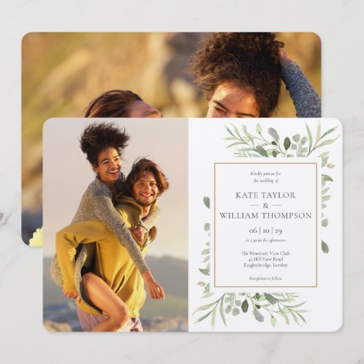 Rustic Kraft Botanical Greenery Photos Wedding Kaart (Voorkant / Achterkant)