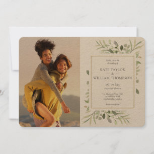 Rustic Kraft Botanical Greenery Photos Wedding Kaart