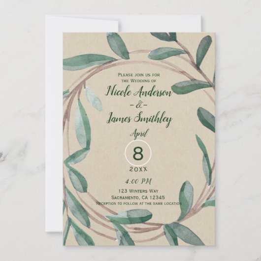 Rustic Kraft Botanical Wreath Leaf Wedding Kaart (Voorkant)