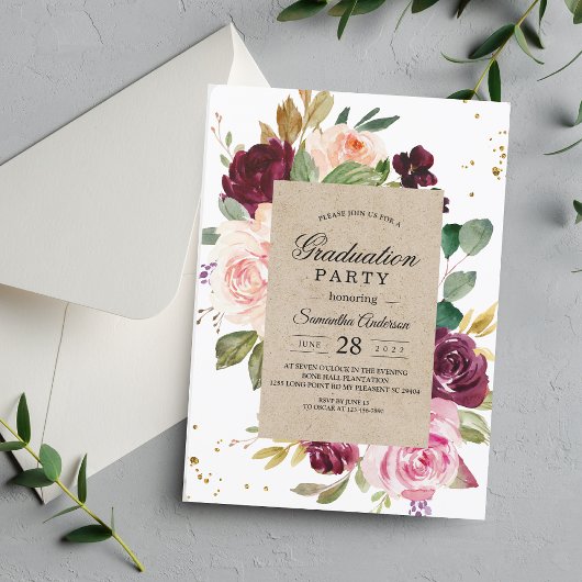 Rustic Kraft & Bourgogne Bloemen Afstudeerfeest Kaart