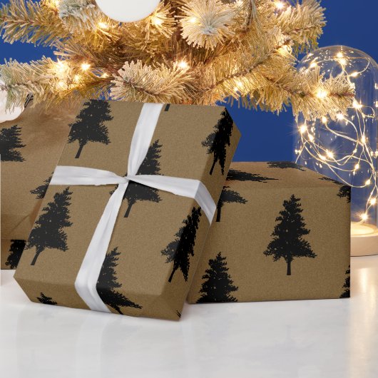 Rustic Kraft Brown Black Christmas Tree Pattern Cadeaupapier (Feestdagen)
