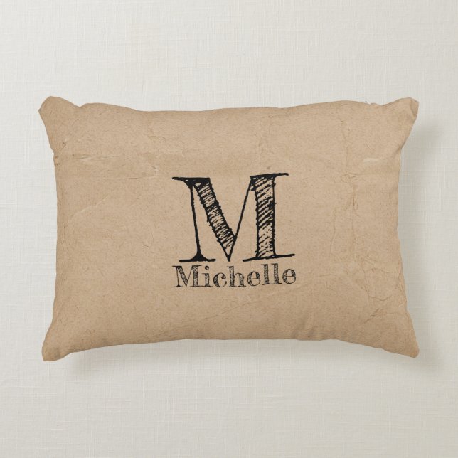 Rustic Kraft Brown Paper Kijk Monogram Accent Kussen (Voorkant)