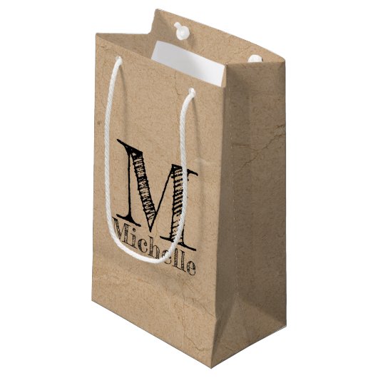 Rustic Kraft Brown Paper Kijk Monogram Klein Cadeauzakje (Voorkant Gekanteld)