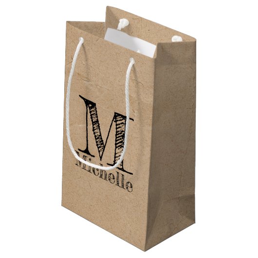 Rustic Kraft Brown Paper Kijk Monogram Klein Cadeauzakje (Achterkant Gekanteld)