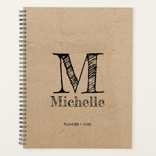 Rustic Kraft Brown Paper Kijk Monogram Planner (Voorkant)