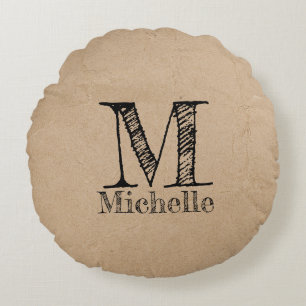 Rustic Kraft Brown Paper Kijk Monogram Rond Kussen