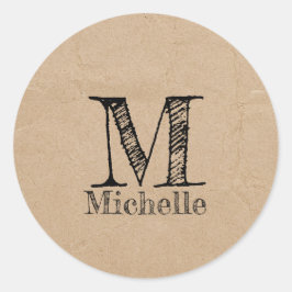 Rustic Kraft Brown Paper Kijk Monogram Ronde Sticker