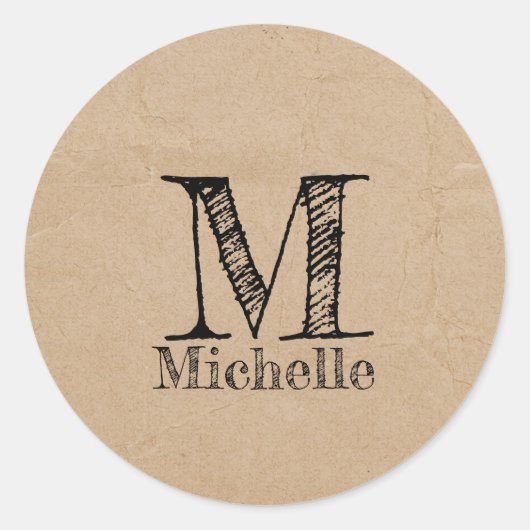Rustic Kraft Brown Paper Kijk Monogram Ronde Sticker (Voorkant)