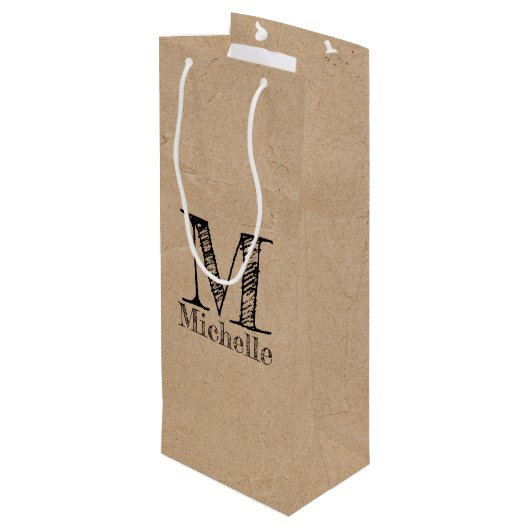 Rustic Kraft Brown Paper Kijk Monogram Wijn Cadeautas (Achterkant Gekanteld)