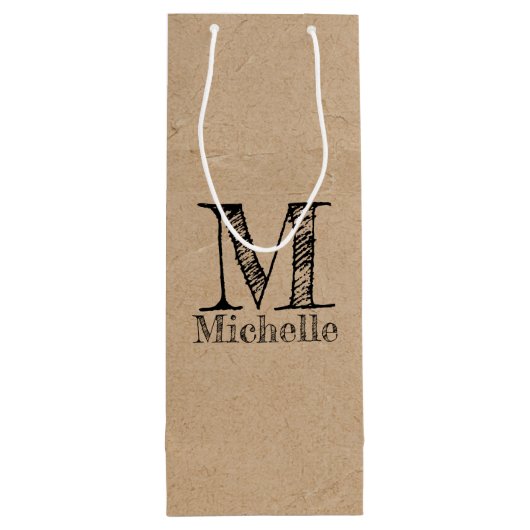 Rustic Kraft Brown Paper Kijk Monogram Wijn Cadeautas (Achterkant)