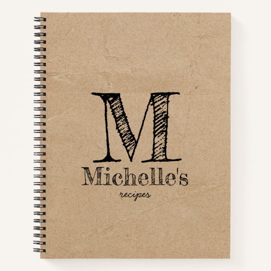 Rustic Kraft Brown Paper look Monogram Recipes Notitieboek (Voorkant)