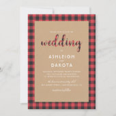 Rustic Kraft & Buffalo Plaid Script Wedding Kaart (Voorkant)