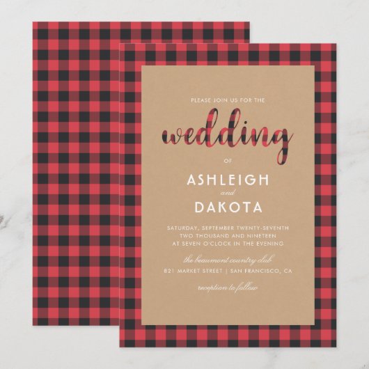 Rustic Kraft & Buffalo Plaid Script Wedding Kaart (Voorkant / Achterkant)
