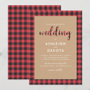 Rustic Kraft & Buffalo Plaid Script Wedding Kaart