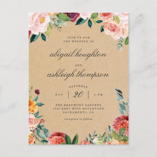 Rustic Kraft Burgundy Blush Pink Floral Wedding Uitnodiging Briefkaart (Voorkant)