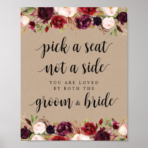 Rustic Kraft Burgundy Floral Ceremony Pick a seat Poster