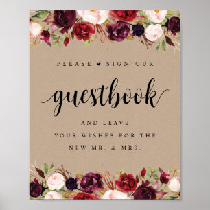 Rustic Kraft Burgundy Floral Wedding Guestbook Poster