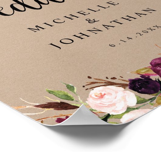 Rustic Kraft Burgundy Floral Wedding Welcome Post Poster (Hoek)