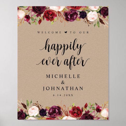 Rustic Kraft Burgundy Floral Wedding Welcome Post Poster (Voorkant)