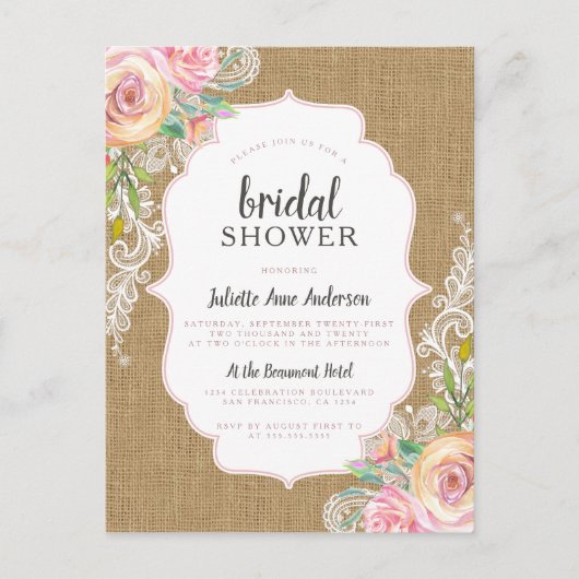 Rustic Kraft Burlap Floral Lace Barn Vrijgezellenf Uitnodiging Briefkaart (Voorkant)