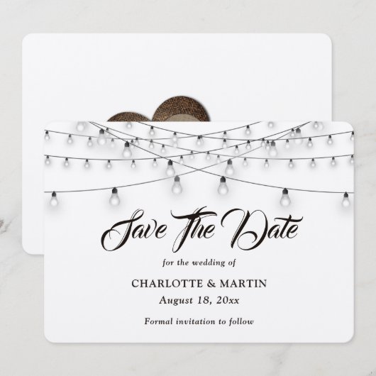 Rustic Kraft Burlap Hearts String Lights Wedding Save The Date (Voorkant / Achterkant)