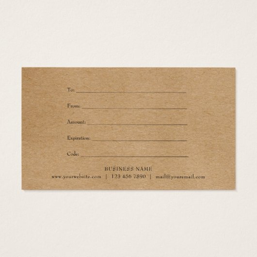 Rustic Kraft-cadeaubon Visitekaartje (Achterkant)