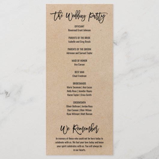 Rustic Kraft Calligraphy Memorial Wedding Programm Programmakaart (Achterkant)