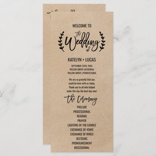 Rustic Kraft Calligraphy Memorial Wedding Programm Programmakaart (Voorkant / Achterkant)