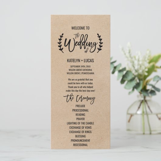 Rustic Kraft Calligraphy Memorial Wedding Programm Programmakaart (Staand voorkant)