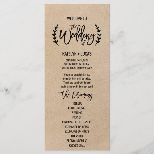 Rustic Kraft Calligraphy Memorial Wedding Programm Programmakaart (Voorkant)