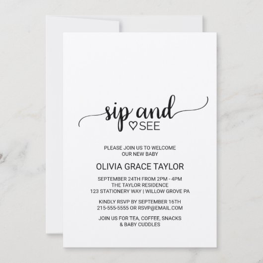 Rustic Kraft Calligraphy Sip and See Kaart (Voorkant)