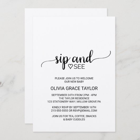 Rustic Kraft Calligraphy Sip and See Kaart (Voorkant / Achterkant)