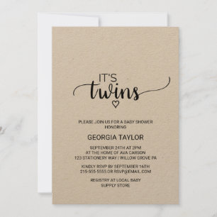 Rustic Kraft Calligraphy Twins Baby shower Kaart