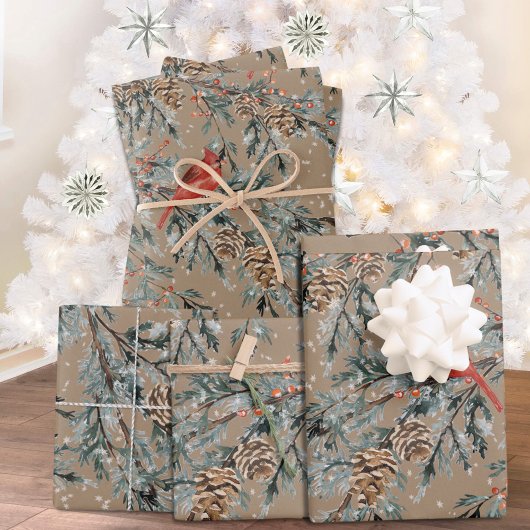 Rustic Kraft Cardinaal Juniper Branches Berries 2 Inpakpapier Vel