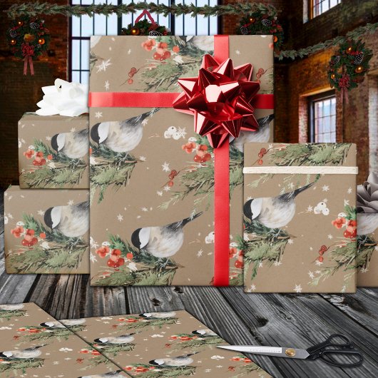 Rustic Kraft Chickadees Spruce Sprigs Red Berries Cadeaupapier