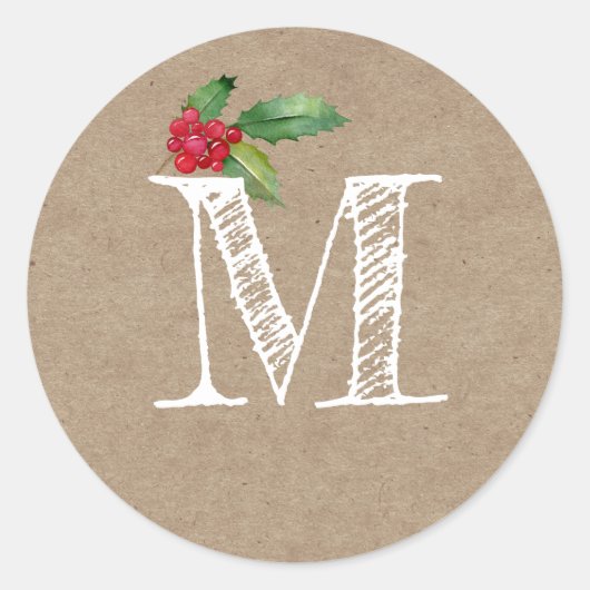 Rustic Kraft Christmas Holly Monogram Initial Ronde Sticker (Voorkant)