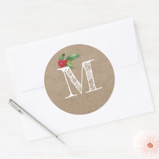 Rustic Kraft Christmas Holly Monogram Initial Ronde Sticker (Envelop)