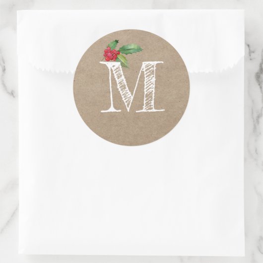 Rustic Kraft Christmas Holly Monogram Initial Ronde Sticker (Tas)