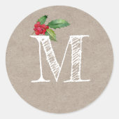 Rustic Kraft Christmas Holly Monogram Initial Ronde Sticker (Voorkant)