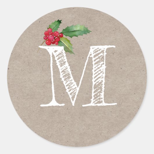 Rustic Kraft Christmas Holly Monogram Initial Ronde Sticker (Voorkant)
