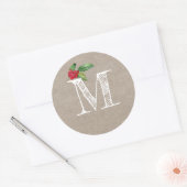 Rustic Kraft Christmas Holly Monogram Initial Ronde Sticker (Envelop)