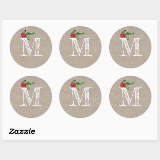 Rustic Kraft Christmas Holly Monogram Initial Ronde Sticker (Vel)