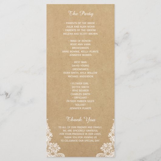 Rustic Kraft Classy White Lace Wedding Programme Programmakaart (Achterkant)
