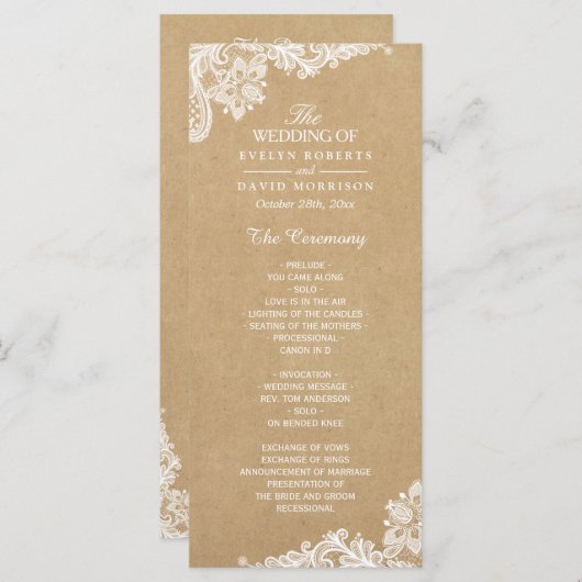 Rustic Kraft Classy White Lace Wedding Programme Programmakaart (Voorkant / Achterkant)