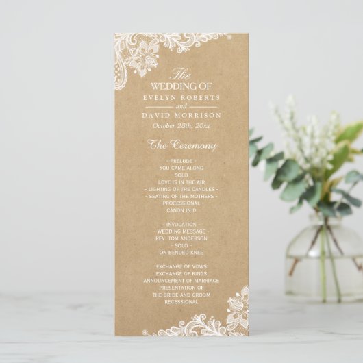 Rustic Kraft Classy White Lace Wedding Programme Programmakaart (Staand voorkant)