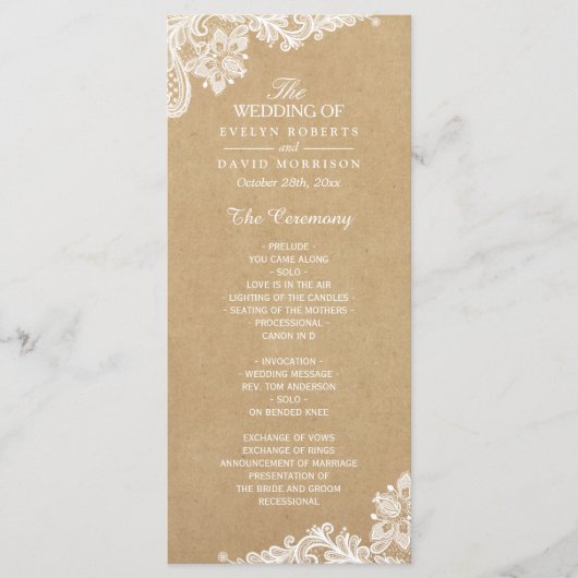 Rustic Kraft Classy White Lace Wedding Programme Programmakaart (Voorkant)